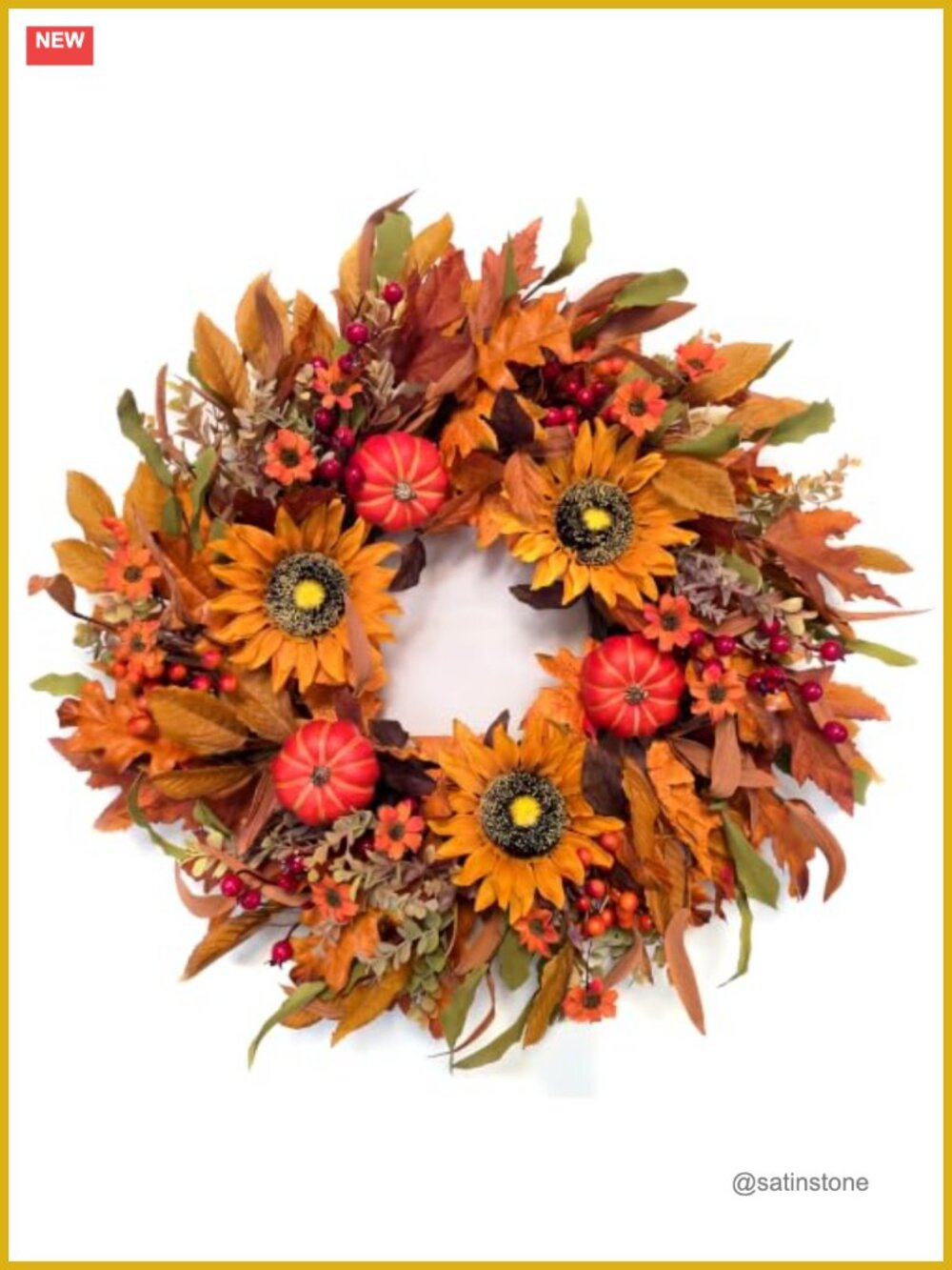 24 Inch Handcrafted Fall Harvest Wreath with Sunflowers Pumpkins Berries for